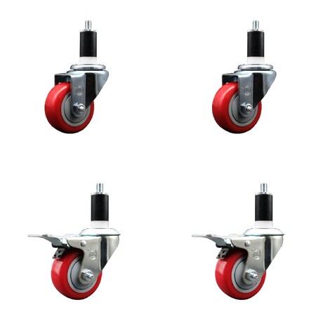 Service Caster 3'' Red Poly Swivel 1-3/8'' Expanding Stem Caster Set 2 Total Lock Brakes, 4PK SCC-EXTTL20S314-PPUB-RED-2-S-2-138